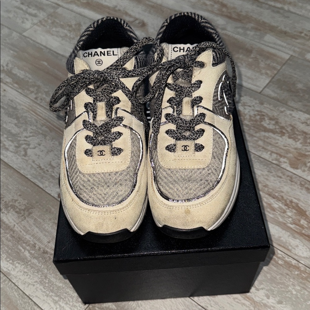 CHANEL Beige and Gray Sneakers